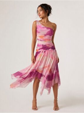Bar III “Goddess” One Shoulder Asymmetrical Dress XL Pink Watercolor NWT